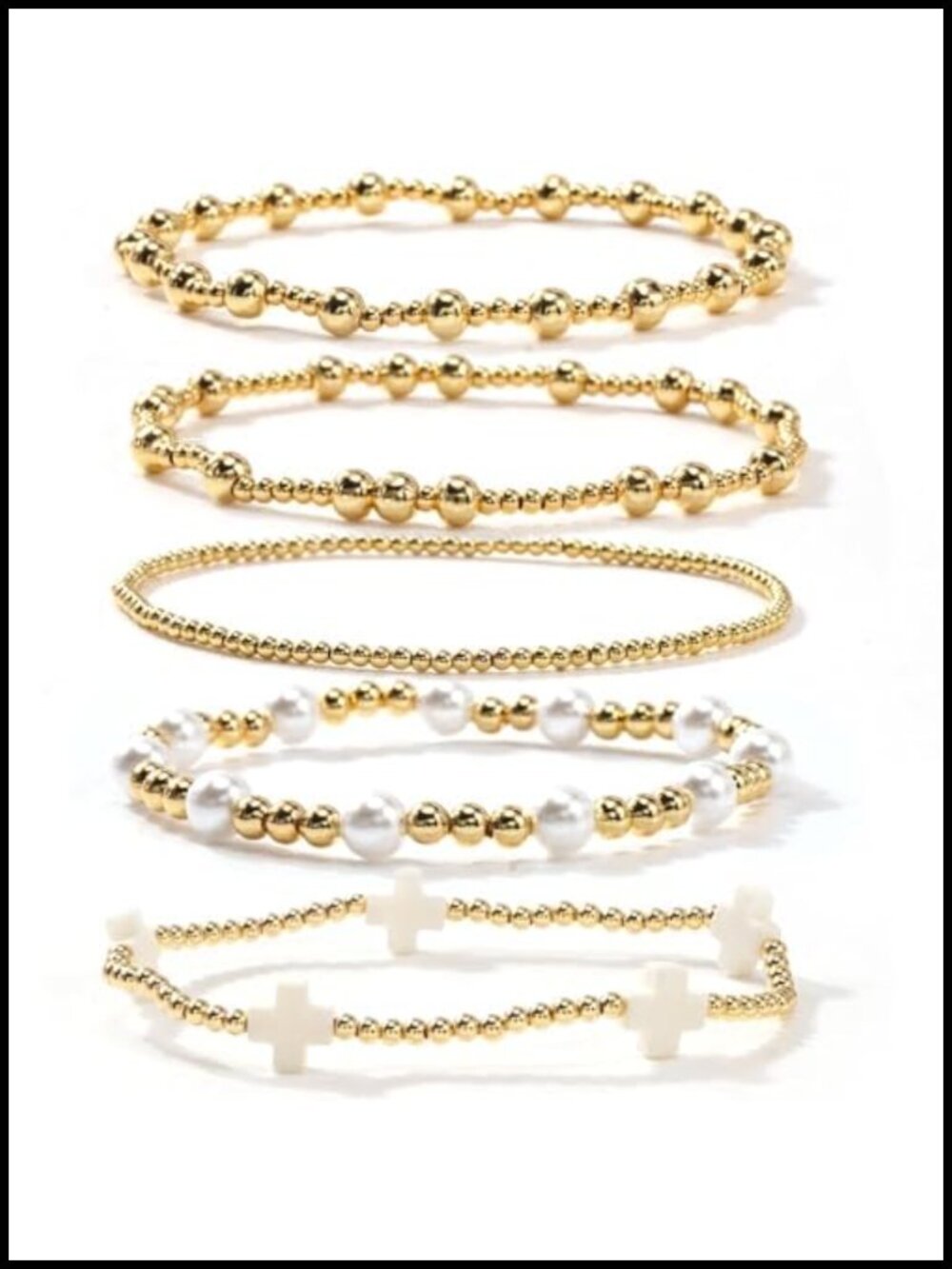 Dainty Cross Clover Gold Plated Beaded Pearl Stretch Bracelet Stack